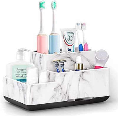 Portaspazzolino e dentifricio staccabile per piano di lavoro del bagno, grande organizer da bagno antiscivolo per doccia, cucina, bambini, famiglia, portaspazzolino multifunzione marmo argento