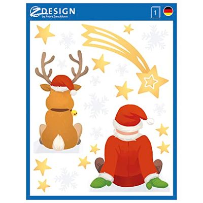 AVERY Zweckform 9 Window Stickers Reindeer Santa Stars (Made in Germany, Self-Adhesive Window Stickers, Christmas Decoration Window, Window Film, Removable, Glossy), 1 Sheet/9 Window Stickers, 52299