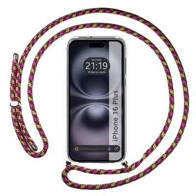 Transparent hängande fodral för iPhone 16 Plus (6,7) med lila snodd