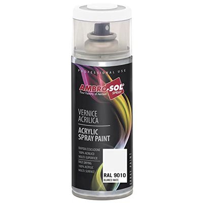 AMBRO-SOL - Tinta acrílica em spray, cor branca brilho 2, RAL 9010, resultado profissional em várias superfícies, exteriores e interiores, 400 ml, a embalagem pode variar