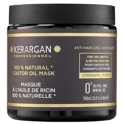 Kerargan - Masque Capillaire Anti-Chute à l'Huile de Ricin - Soin Intensif pour Cheveux Secs et Cassants - Enrichi en Aloe Vera - Sans sulfate, OGM, huile minérale - 500ml