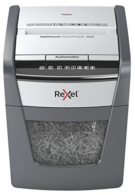 REXEL Optimum Auto Feed+ 50X, Distruggidocumenti Automatico, Spina Svizzera, 50-55 Fogli (80-70 gr/mq), Taglio a Frammento, Livello di Sicurezza P-4, per la Casa e per l’Ufficio, Capacità 20 Litri