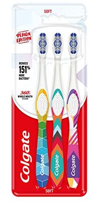 Colgate Brosse à dents 360 Whole Mouth Clean Design Edition | Brosse à dents à poils souples | Poils interdentaires à pointe fine | Les tasses de polissage aident à enlever les taches | Nettoyeur de