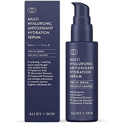 Allies of Skin Multi Hyaluronic Antioxidant Hydration Serum: Niacinamide, Vitamin E, Astaxanthin, Superoxide Dismutase. Anti-Aging. Antioxidant. Hydrates, Brightens & Strengthens Skin 1 oz / 30 ml