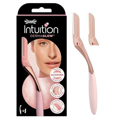 Wilkinson Sword Intuition Dermaglow Rasoir pour dermaplaning, idéal pour exfolier, profiler les sourcils, couper et épiler les poils du visage, couleur rose, 1 manche et 2 recharges