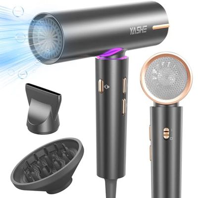 YASHE Asciugacapelli Ionico, Motore Senza Spazzole a 110.000 g/min, diffusore e concentratore, 3 velocità, 4 impostazioni di calore, pulsante di raffreddamento, asciugatura rapida a 23m/s, 1800W
