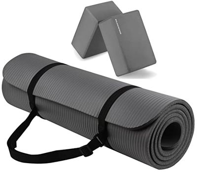 Fitvids Multifunctionele 1/2 Inch Extra Dikke Hoge Dichtheid Anti-Scheur Oefening Yoga Mat met Draagriem en Yoga Blokken, Grijs