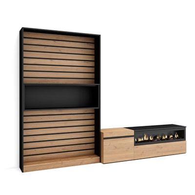 Skraut Home | Muebles de Salón para TV | Conjunto de Muebles Comedor | 260x186x35cm | para TV hasta 65" | Chimenea eléctrica | Estilo Moderno | Roble y Negro
