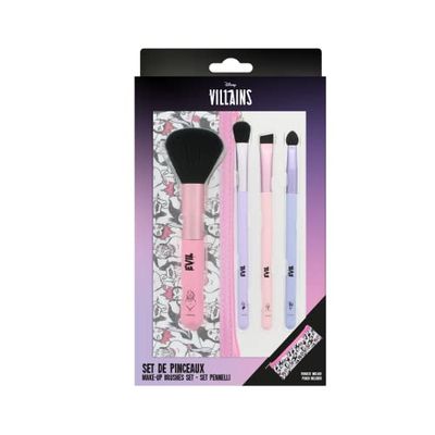DISNEY VILLAINS - Set di 4 Pennelli da Makeup con i Cattivi, Ursula, Malefica e Crudelia De Mon - Brush per Trucco con Trousse da Viaggio - Prodotto Ufficiale
