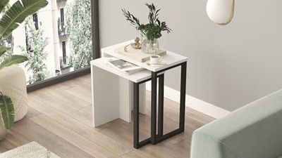 Hanah Home Lot de 2 Tables de Nidification élégantes Blanches - 100% mélamine - Pieds en métal - Dimensions : 51 x 52,8 x 29,5 et 44,5 x 47,8 x 24,5 cm - Élégante et Fonctionnelle pour Les espaces