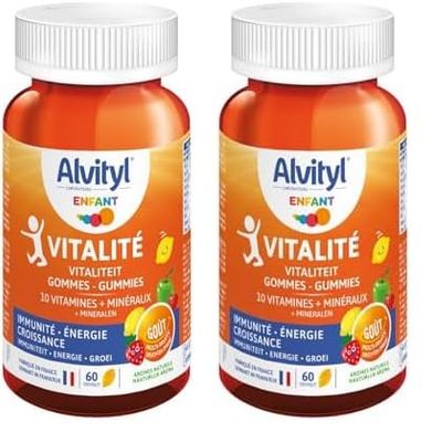 Alvityl - Gommes Vitalité - 8 vitamines et 2 minéraux – Saveurs naturelles de fruit - Dès 4 ans - 60 gommes (Lot de 2)