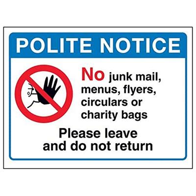 V Safety Polite Notice: No Junk Mail Or Charity Bags Sign - 150mm x 100mm - Self Adhesive Vinyl