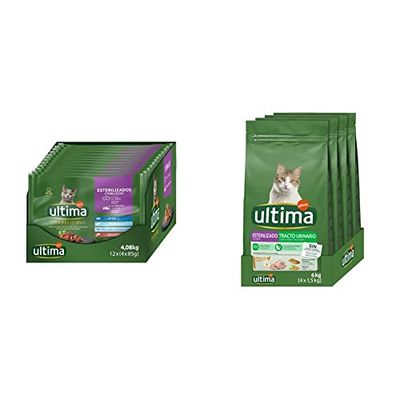 Ultima Comida Húmeda para Gatos con Variedad de Pescados - 12 x (4 x 85gr) - 4080g & Pienso para Gatos esterilizados con Problemas del tracto urinario: Pack de 4 x 1.5 kg - Total: 6 kg