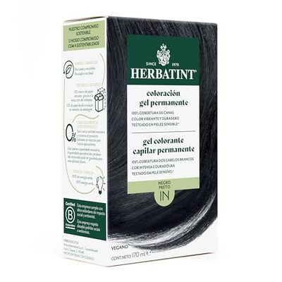 Herbatint Colorazione Gel Permanente per Capelli 1N Nero - 170 ml | Senza Ammoniaca, 100% Copertura di Capelli Grani | per pelli Sensibili, con 8 Estratti Naturali Bio