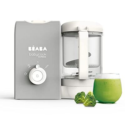 BEABA, Babycook Express, Robot Bébé 4 en 1 Mixeur-Cuiseur, Cuisson Express 15min, Mixage sur-mesure, Cuisson Vapeur Douce et Saine, Décongélation, Texture Homogène, Capacité 1 250 ml, Gris Velours