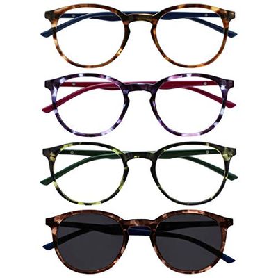 OPULIZE Met 4 Pacco Occhiali Da Lettura Con Lettore Sole Grande Giro Marrone Porpora Verde Uomo Donna RRRS60-2562 +1,00