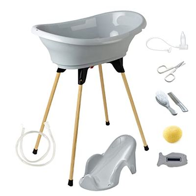 THERMOBABY - Pack Bain Bébé Vasco 9 en 1 Gris - Baignoire + Pied pliable + Tuyau de vidange + Transat de bain + Thermomètre + Eponge + Brosse et peigne + Ciseaux + Mouche bébé - Fabriqué en France