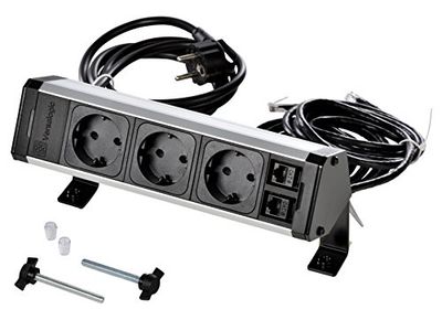 Kopp VersaDESK 939628014 Extensão de 2 conectores RJ-45/11 Cat 6 UTP, cabo de conexão e 2 m de cabo de dados, IP20, 3400 W, 250 V, preto/alumínio anodizado, 3 tomadas 2 RJ4555. 12