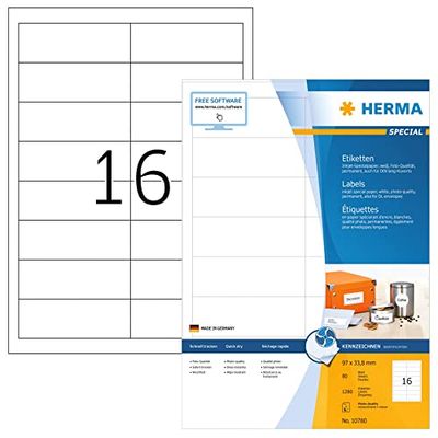 HERMA 10780 - Etichette per indirizzi per stampanti a getto d'inchiostro, 80 fogli, 97 x 33,8 mm, 16 fogli A4, 1280 pezzi, autoadesive, stampabili, opache, in bianco