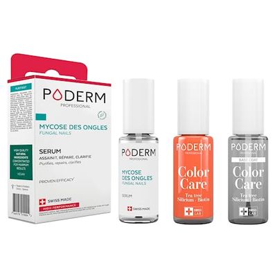 PODERM - LOT 3 PRODUITS | MYCOSE ONGLES TRAITEMENT PURIFIANT + Vernis MANGUE Tea Tree + Base Coat Tenue Parfaite | Soigne, Colore et Camoufle les Ongles Jaunes et Abîmés | Swiss Made