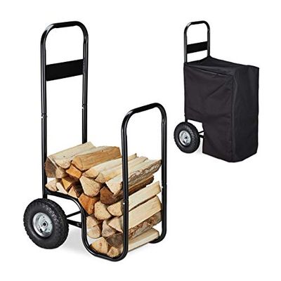 Relaxdays Chariot à Bois, métal, bâche de Protection, 2 Roues, 60 kg, Transport & Stockage, Panier à bûches, Noir