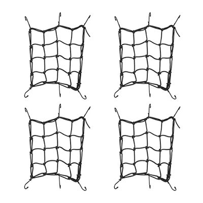 Relaxdays Cargo Net for Bicycle & Motorbike, Set of 4, for Bike Basket, 25x25 cm, 6 Hooks, Elastic Luggage Cover, Black, Rubber, 25 x 25 cm