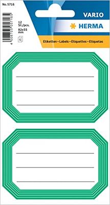 HERMA 5716 Labels for Writing on Neutral Green Border, 12 Pieces, 82 x 55 mm, Self-Adhesive Lined Stickers for School, Kids, Girls, Boys, Blank Book Labels, White