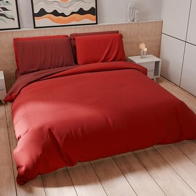 PETTI Artigiani Italiani - Dekbedovertrek voor tweepersoonsbed, dekbedovertrek en kussenslopen van microvezel, tweekleurig rood/bordeaux, 100% Made in Italy