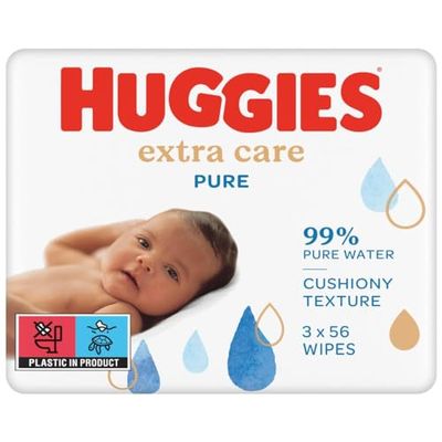 Huggies Lingettes Extra Care Sensitive pour bébé, pour tout le corps, eau pure à 99 %, sans parfum, 3 x 56 lingettes, paquet de 3