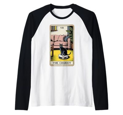 The Chariot Robot Aspirador Gato Divertido Tarot Tarjeta Gato Camiseta Manga Raglan