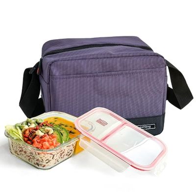 Iris Barcelona Real Lunch Bag, Set de Bolsa Térmica Porta Alimentos Ligera de 3,5 l y Táper de Cristal Dividido en 2 Compartimentos Apto para Microondas, Lavavajillas y Congelador 950 ml Lila