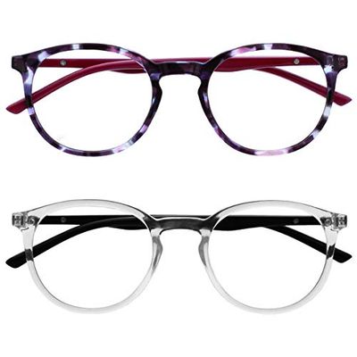 OPULIZE Met - Reading Glasses Blue Light Blocking 2 Pack Slim Round Frame Spring Hinges Improve Sleep Computer Gaming Anti-Reflective Purple Transparent Mens Womens BB60-5C +1.50