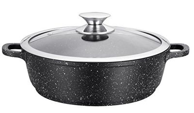 Kamberg Panela baixa 40 cm, alumínio fundido, revestimento de pedra, tampa de vidro, todos os tipos de fontes de calor, incluindo indução, sem PFOA, preto