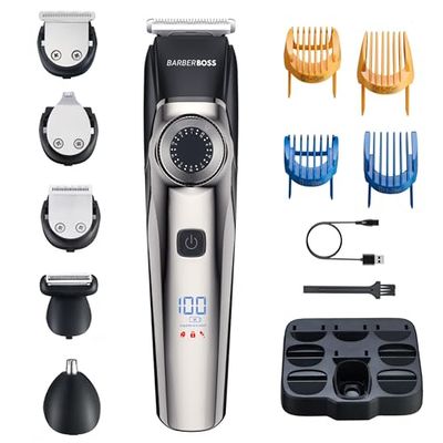 BarberBoss Men's 5-in-1 Grooming Tool – Beard & Hair Trimmer, Cordless Body Groomer, Waterproof Men's Clippers with LED Display & USB Charging