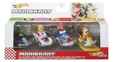 Hot Wheels Mario Kart Pack con 4 Mini Coches de Juguete con Personaje, Regalo para Niños +3 Años (Mattel GWB38)