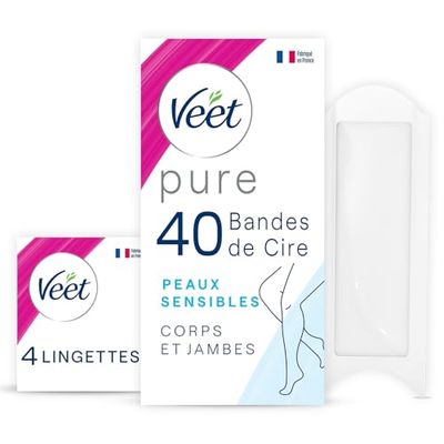 Veet PURE - 40 Bandes de Cire Froide Corps et Jambes - Peaux Sensibles - Recommandés par les Dermatologues - Epilation Longue Durée