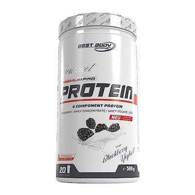Best Body Nutrition Gourmet Premium Pro Protein, boîte de Mûre et de yaourt, Shake protéiné à 4 composants: Caséinate, concentré de whey, isolat de whey, protéine d'œuf, boîte de 500 g