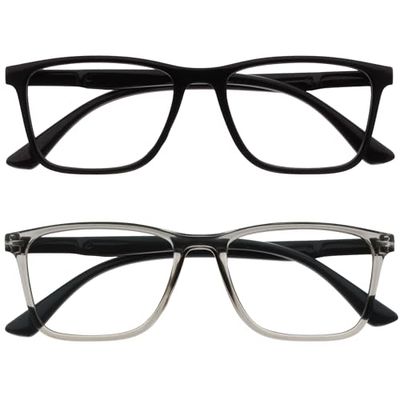 OPULIZE NYX Blue Light Blocking Reading Glasses - Anti-Glare Computer and Gaming Eyewear - 2 Pack - UV and Eyestrain Protection - Rectangular Frame - Black Grey - Men Women - + 3.50