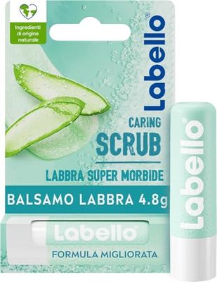 Labello Scrub Idratante Aloe Vera 4.8 g, Scrub Labbra con particelle esfolianti, aloe vera bio e vitamina E, Scrub labbra esfoliante senza oli minerali e microplastiche
