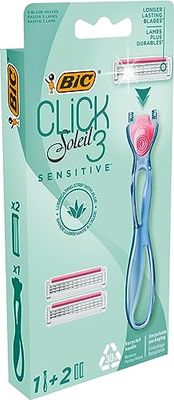 BIC Click 3 Soleil Sensitive Rasoirs Rechargeables pour Femme (Tête Pivotante et 3 Lames Mobiles) - Boîte de 1 Manche + 2 Recharges