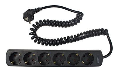 as - Schwabe 11462 Extensão de tomadas de 6 vias preto com cabo em espiral preto 2,5 m de cabo em espiral H05VV-F 3G1,5, IP20 uso interno