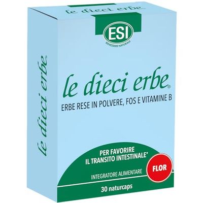 ESI - Le Dieci Erbe Flor, Integratore Alimentare Vegetale con FOS, Lassativo Naturale Contro Stitichezza, Costipazione e Flatulenza, Regola il Transito Intestinale, Senza Glutine e Vegan, 30 Naturcaps