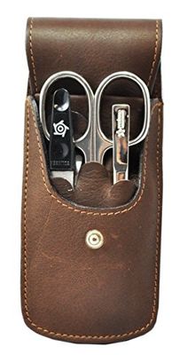 Pfeilring - Astuccio portapenne, in pelle di bufalo, con 3 inserti in nichel (lima per unghie, pinzetta, forbicine per unghie), marrone, 1 confezione da 3 pezzi