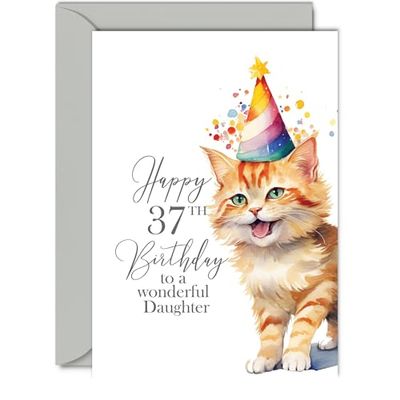 37th Birthday Cards for Daughter - Party Cat Kitten - Happy Birthday Card for 37 Year Old Daughter from Mum Dad, A5 Bday Woman Women Her Greeting Cards Gift for Daughter Birthday Gifts