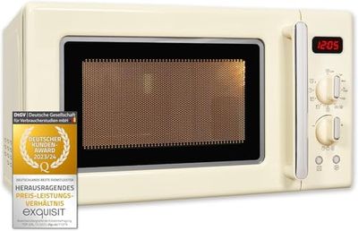 Exquisit® Microondas Retro, 20L, 700W, 5 Niveles de Potencia, Grill 1000W, Color Crema, Funciones Microondas-Grill, Descongelación, Temporizador Hasta 90 Min, Medidas 25,9x44x36 Cm.