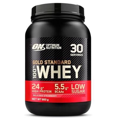 Optimum Nutrition Gold Standard 100% Whey Muscle Building and Recovery Protein Powder With Naturally Occurring Glutamine and BCAA Amino Acids, Delicious Strawberry Flavour, 30 Servings, 900 g