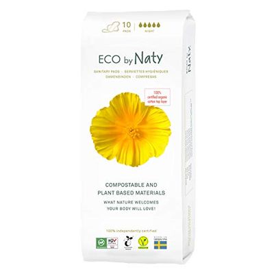 Eco by Naty Compressas com asas noturnas - compostas à base de plantas e absorventes para mulheres, produto menstrual de algodão orgânico, melhor para a saúde feminina (10 unidades)