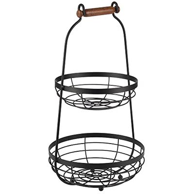 APS Estante de Servicio Dos cestas y asa de Madera - Nivel de Metal de 2 Niveles, Negro, Altura 48 cm, Ø 26 cm
