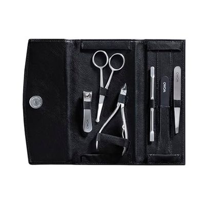 WOMO 6-Piece Manicure Set (Small Clips, File, Tweezers, Scissors, Pushers), Black, Regular, Contemporary