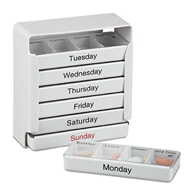 Relaxdays Pill Box, 7 Days 4 Compartments, English Labels, BPA Free, Weekly Medication Sorter, HWD: 12 x 11 x 5cm, White, 50% plastic